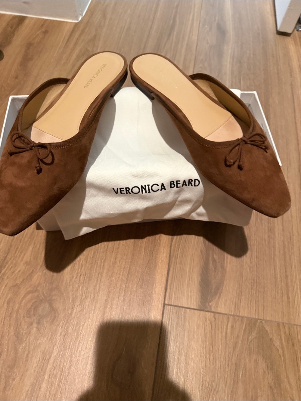 Veronica Beard Chestnut Suede Pointed-Toe Bow Mules. Like new